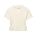 Women's cream-colored V-neck short sleeve knit cardigan with honeycomb texture and buttons - S / Milky White