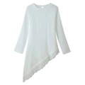 Elegant white chiffon long sleeve top with round neck and asymmetric eyelash lace hemline - S / White