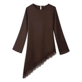 Women's brown crew neck long sleeve top with asymmetrical lace hem and polished finish - S / Dark Brown