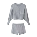 Conjunto de punto gris para mujer con cárdigan de manga larga y pantalones cortos - S / Gris Set