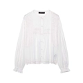 Elegante camicia bianca a maniche lunghe in pizzo con scollo rotondo e volant - XS / Bianco