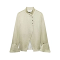 Sage green women's stand collar blazer with asymmetric buttons and flared sleeves - XS / Light Green