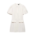 Minivestido corto minimalista crema con mangas abullonadas y cuello con abertura frontal - XS / Blanco