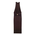 Elegant deep brown halter neck maxi dress with pleated waist and gold buckle detail - S / Top And Bottom / Coffee