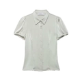 Elegante camicia in raso verde salvia con maniche a sbuffo e colletto a revers classico - XS / verde chiaro