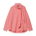 Elegante camicia a righe bianche e rosse con colletto alto a fiocco in popeline di cotone - XS / A righe rosse e bianche