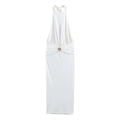 Elegant white satin halter neck maxi dress featuring gold spiral buckle and ruched waist - S / Top And Bottom / White