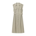 Ärmelloses Leinen-Midikleid mit Reverskragen, Cargotaschen und verstellbarem Taillengürtel - XS / Beige Aprikose