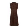 Dunkelbraunes ärmelloses Leinen-Midikleid mit Knopfleiste und Brust-Pattentaschen - XS / Braun