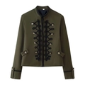 Dunkelgrüne Jacke im Militärstil mit schwarzen Kordeln und Goldknöpfen für Damen - S / Olivgrün