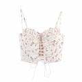 Vintage floral corset top with spaghetti straps, lace-up front and ruffled neckline - XS / Floral