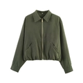 Front view of an olive green bomber jacket with lapel collar and metal zipper - Army Green Jacket