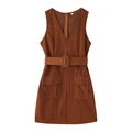 Vintage brown corduroy sleeveless V-neck dress with belted waist and front pockets - S / Caramel color