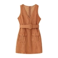 Vintage caramel corduroy sleeveless dress with waist belt and utility pockets - S / Khaki
