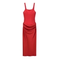 Elegant red square neck midi dress with ruched waist and minimalist strapless design - S / Red