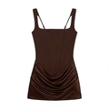 Brown ruched mini dress with corset bodice and adjustable straps on white background - XS / Dark Brown