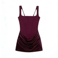 Sexy dark purple corset style mini dress with wide straps and ruched satin fabric skirt - XS / Burgundy