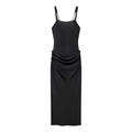 Elegant black bodycon midi dress with square neck, thin straps and draped waist details - S / Black