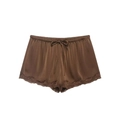 Deep brown satin shorts with lace trim and adjustable drawstring waist on white background - XS / Dark Brown