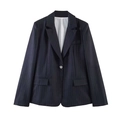 Donkerblauwe krijtstreep blazer met klassieke revers en enkele knoopsluiting - XS / Gestreepte top
