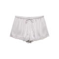 Light gray satin shorts for women featuring elastic waist and delicate lace trim hem - XS / Silver Gray