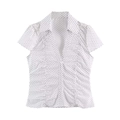 Women's V-neck short sleeve shirt with black polka dot pattern on white fabric - XS / Polka Dot