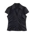 Women's black V-neck short sleeve shirt featuring stylish ruched details and a button front - XS / Black