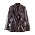 Donkerbruine dubbelrijige PU-leren blazer met puntige revers en klepzakken voor dames - XS / Donkerbruin