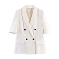 Minimalistische witte linnen blazer met korte mouwen en zwarte knopen voor dames - XS / Broken Wit