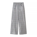 Women's autumn high-waisted plaid wide-leg trousers with shimmering metallic sequin details - S / Pants