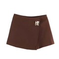 Detail view of coffee-colored high-waist asymmetric skort with a gold metal buckle - Dark Brown