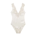 Body élégant en satin ivoire avec col en V profond et bordure en dentelle - XS / Blanc