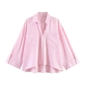 Camicia ampia rosa chiaro a maniche lunghe con tasche anteriori e orlo curvo per donna - XS / Rosa