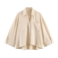 Detail of light beige button-down shirt with V-neckline and dual chest pockets - Khaki