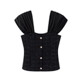 Black tweed cropped top with puff puff sleeves and gold buttons for women - S / Black