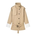 Classic khaki long trench coat with stand collar and contrast white cuffs in flat lay view - S / Khaki