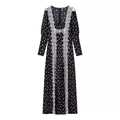 Floral print maxi dress with white lace trim and vintage long sleeves on white background - S / Black with Pink Floral