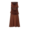 Elegant brown sequined ruched maxi dress with strapless neckline and flowy A-line skirt - S / Brown