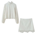 Elegant white two-piece lace set featuring high-neck lantern sleeve top and mini skirt - S / White Zirconia Set