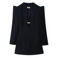 Slim fit black long sleeve dress featuring cut-out neckline and gold metal hardware detail - S / Black