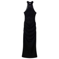 Elegante abito lungo nero a lupetto con pizzo e gonna a pieghe per l'estate sexy - S / Nero