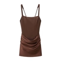 Brown satin corset mini dress with slim straps and ruched detailing on a white background - S / Coffee