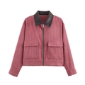 Dames corduroy jas in oudroze met bruine kunstleren kraag en metalen ritsen - XS / Tops / Lotusroze