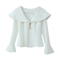 Women's white off-shoulder jumpsuit set with ruffle collar and gold metal buttons - S / White Top