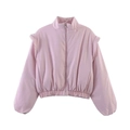Detailed view of light pink cropped baseball jacket with stand collar and elastic waist - XS / Pink