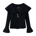 Elegant black long sleeve top with oversized sailor collar and gold artistic buttons - S / Black Top