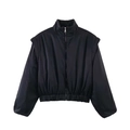 Detail of black stand collar jacket with layered shoulder silhouette and satin-like finish - XS / Black