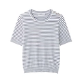 Short sleeve round neck knit top with blue and white stripes and shoulder buttons - S / Blue and White Stripes