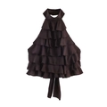 Sleeveless deep brown halter top featuring elegant layered ruffles and a chic back tie detail - XS / Coffee