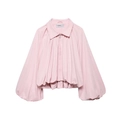 Pink fashion blouse with bubble sleeves, front zipper closure, and classic lapel collar - XS / Pink